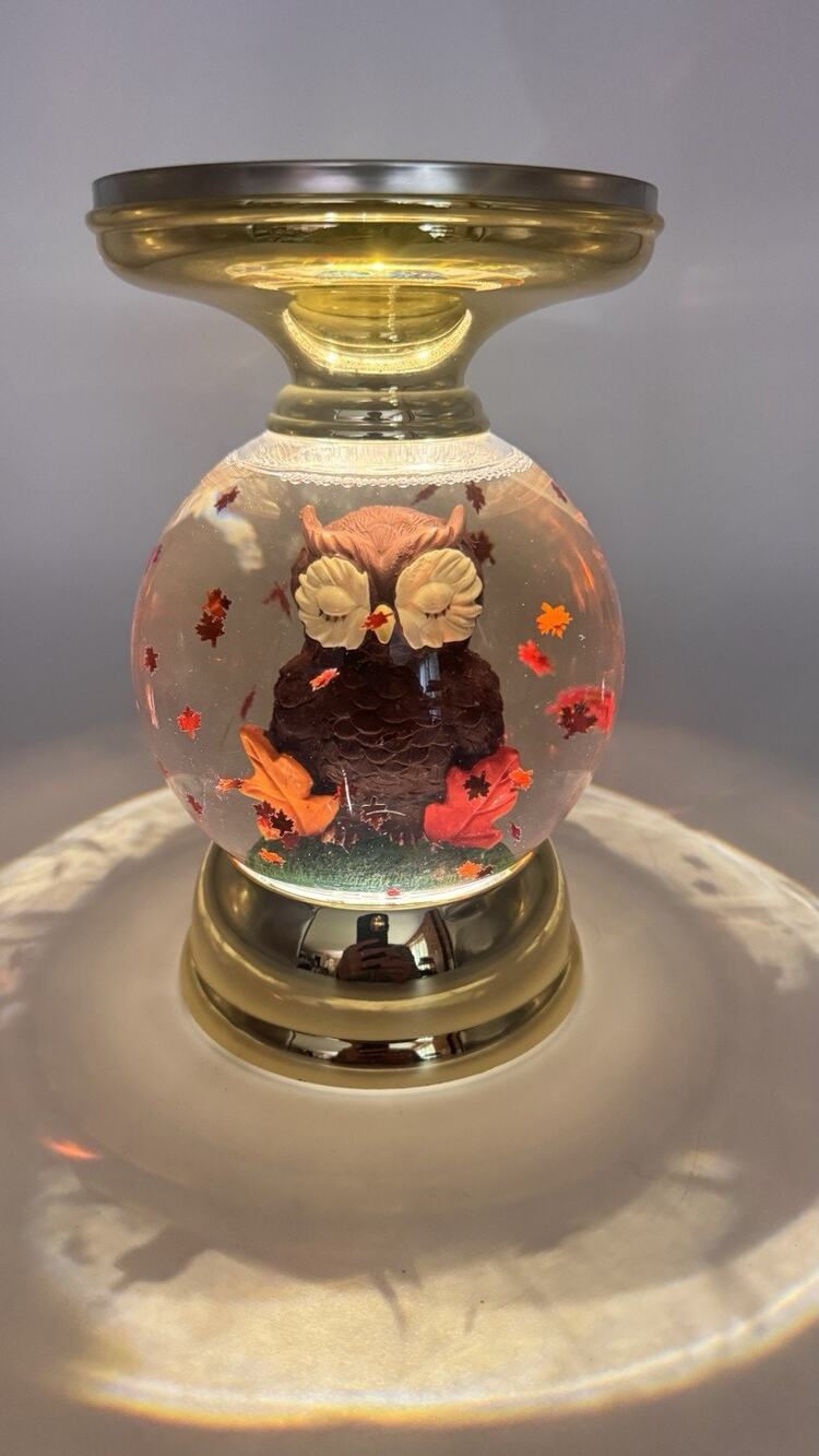 Bath & Body Works Owl Snow Globe Candle Holder Gold Pedestal Light Up Fall